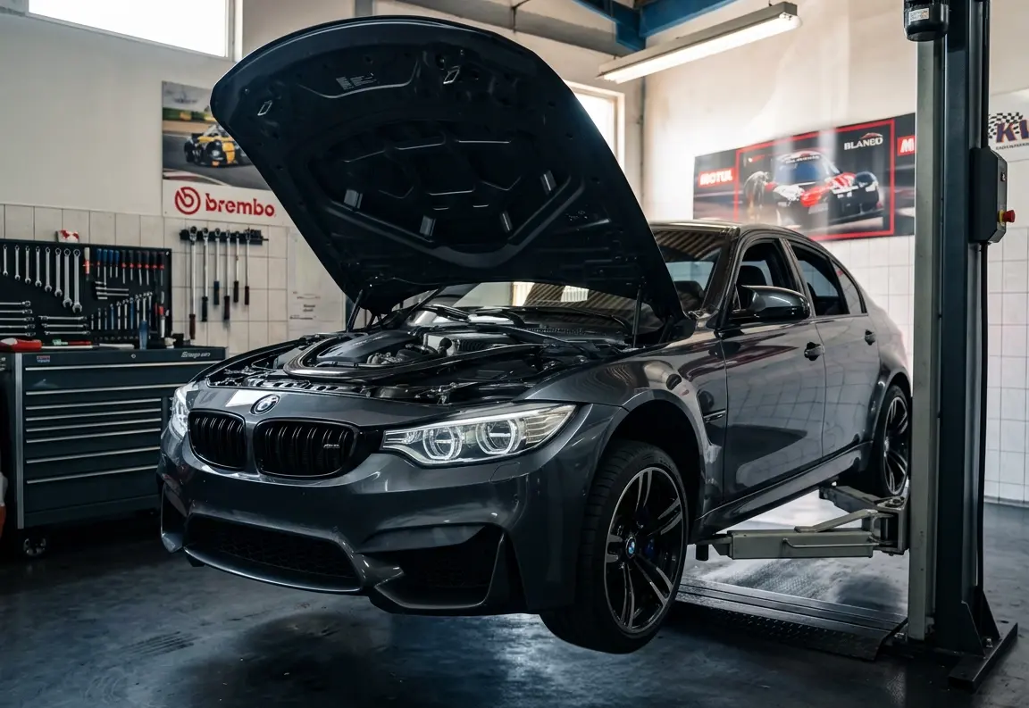 BMW no elevador da oficina Premium Car em Porto Alegre, com ferramentas e estrutura para diagnóstico premium