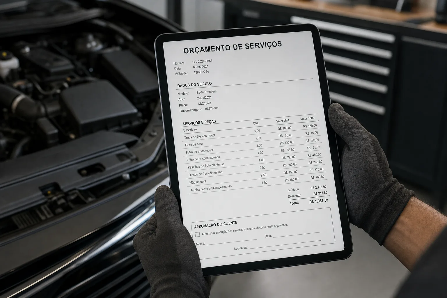 Orçamento detalhado em tablet para aprovação do cliente na Premium Car