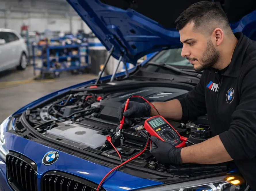 Mecânico realizando diagnóstico da bateria e sistema elétrico de BMW usando multímetro em oficina automotiva.