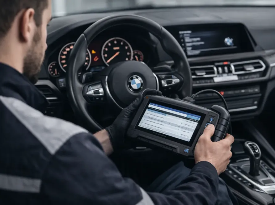 Técnico realizando diagnóstico eletrônico em BMW com scanner original dentro do veículo