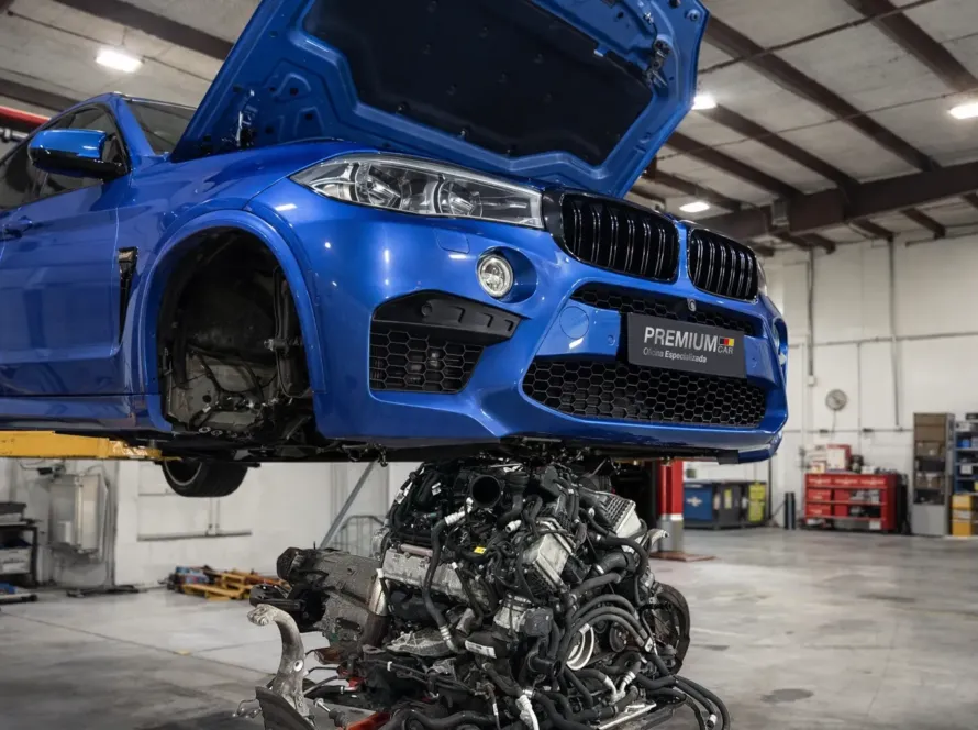 BMW em elevador automotivo com motor removido durante serviço de manutenção corretiva em oficina especializada