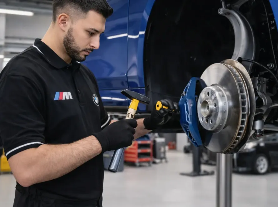 Mecânico realizando manutenção corretiva no freio de BMW em oficina especializada