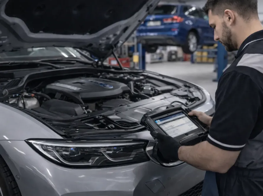 Técnico realizando manutenção preventiva em BMW com scanner de diagnóstico em oficina especializada