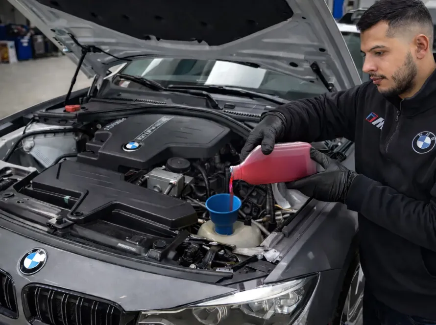 Mecânico realizando troca do líquido de arrefecimento no reservatório do radiador de um BMW em oficina especializada em Porto Alegre
