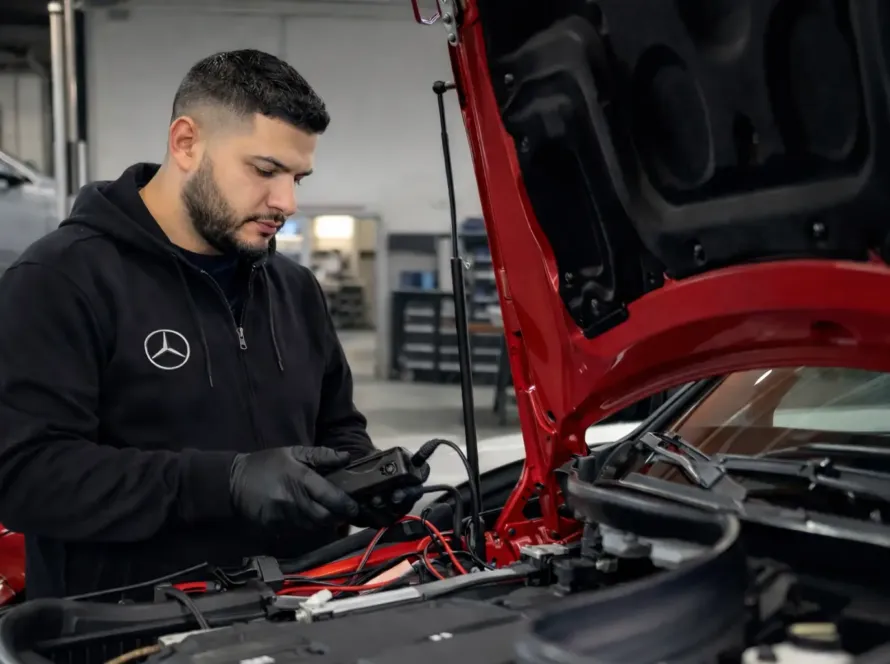 Mecânico especialista com uniforme Mercedes-Benz realizando diagnóstico elétrico e verificação de bateria em Mercedes vermelho com capô aberto na oficina Premium Car em Porto Alegre