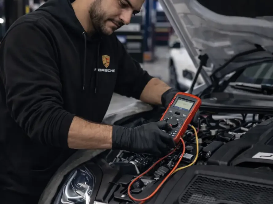 Mecânico especialista com uniforme Porsche realizando diagnóstico elétrico e teste de bateria com multímetro em Porsche Macan branco com capô aberto na oficina Premium Car em Porto Alegre
