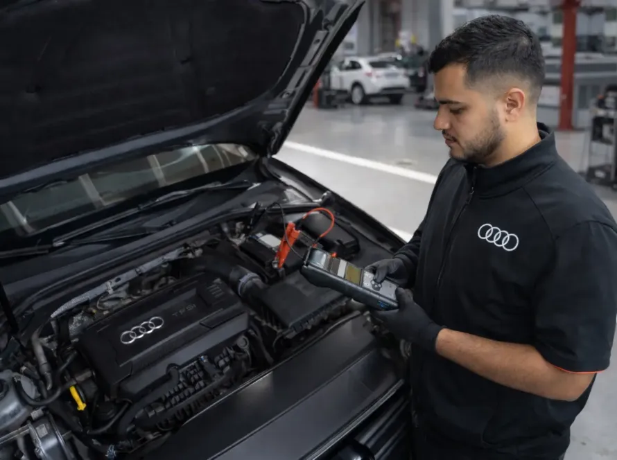 Mecânico especialista Audi realizando diagnóstico eletrônico com scanner computadorizado no motor de Audi preto na oficina Premium Car em Porto Alegre