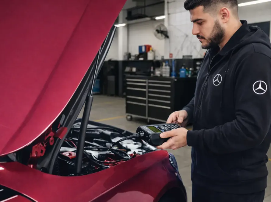 Mecânico especialista com uniforme Mercedes-Benz realizando diagnóstico eletrônico XENTRY com scanner oficial em Mercedes vermelho com capô aberto na oficina Premium Car em Porto Alegre