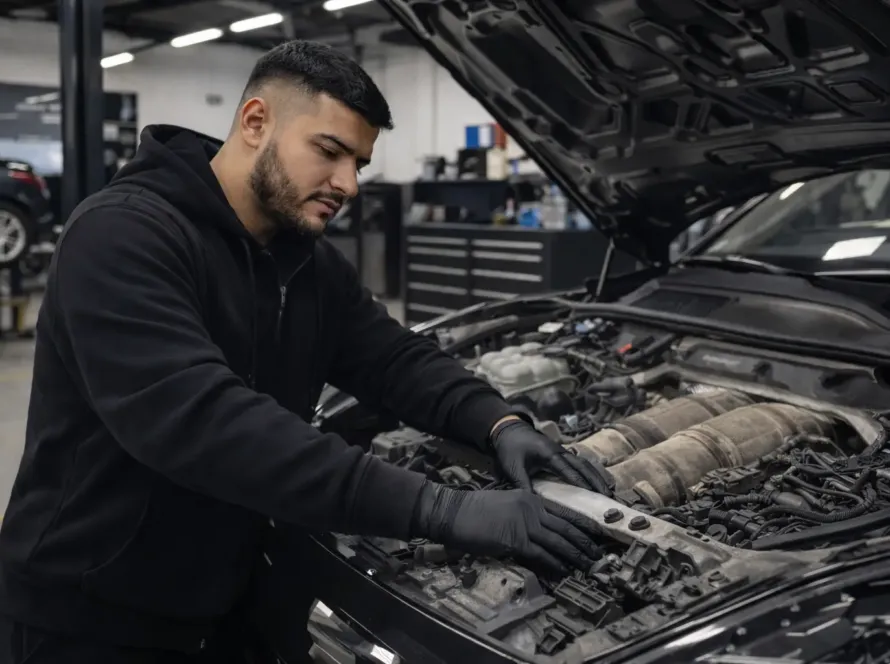 Mecânico especialista com uniforme Porsche realizando manutenção no motor de Porsche Cayenne preto com capô aberto na oficina Premium Car em Porto Alegre