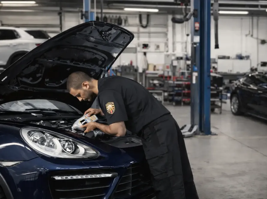 Mecânico especialista com uniforme Porsche realizando manutenção preventiva em Porsche Cayenne azul escuro com capô aberto na oficina Premium Car em Porto Alegre