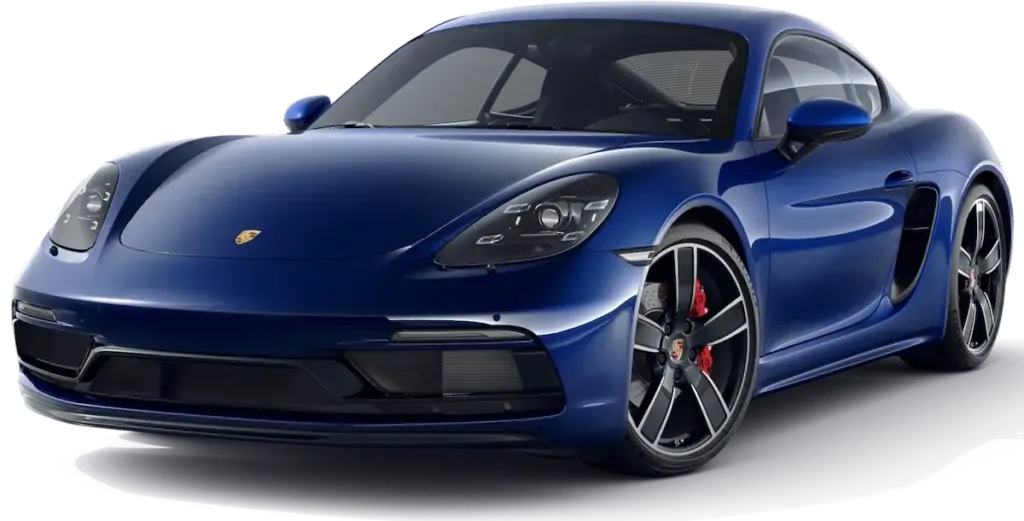 Porsche 718 Cayman azul escuro de frente com fundo removido, atendido pela oficina especializada Premium Car em Porto Alegre