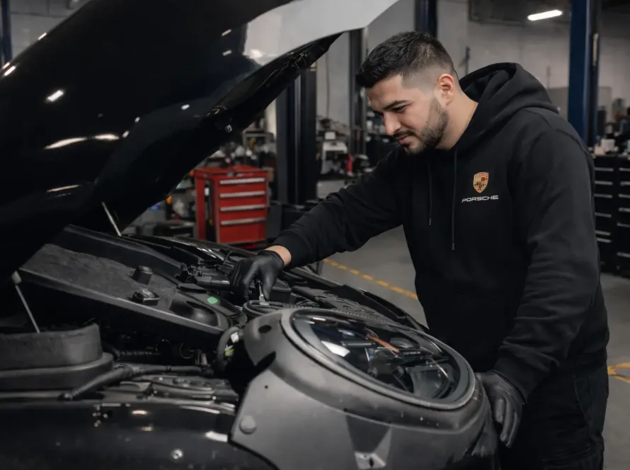 Mecânico especialista com uniforme Porsche realizando revisão do sistema elétrico no compartimento frontal de Porsche preto com capô aberto na oficina Premium Car em Porto Alegre