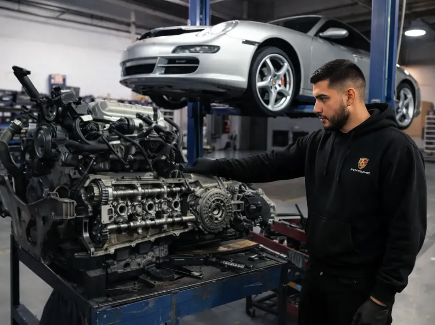 Mecânico especialista com uniforme Porsche ao lado de motor Porsche 911 desmontado em bancada na oficina Premium Car, com Porsche 911 prata elevado ao fundo em Porto Alegre