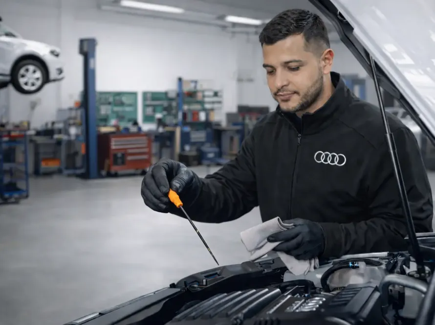 Mecânico especialista Audi verificando nível de óleo com vareta no motor com capô aberto na oficina Premium Car em Porto Alegre