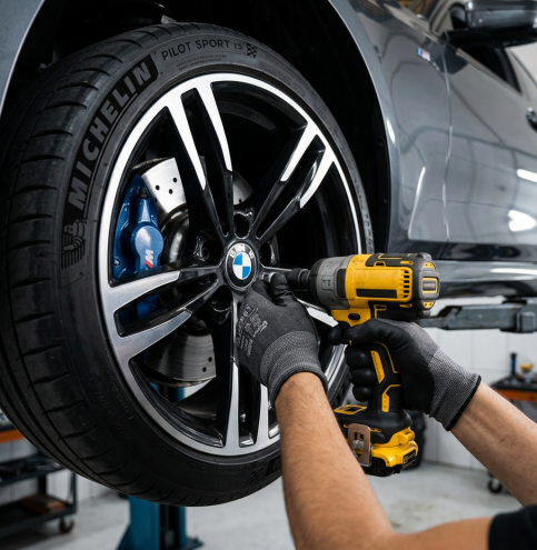 Firefly_GeminiFlash_mão de um mecanico com luvas desparafusando roda de uma bmw, foto profissionalcom alt 233653