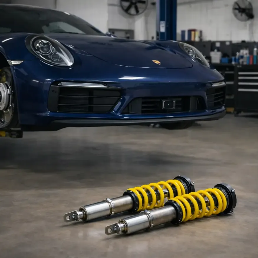 Porsche 911 azul escuro elevado na rampa com dois amortecedores coilover esportivos expostos no chão na oficina especializada Premium Car em Porto Alegre